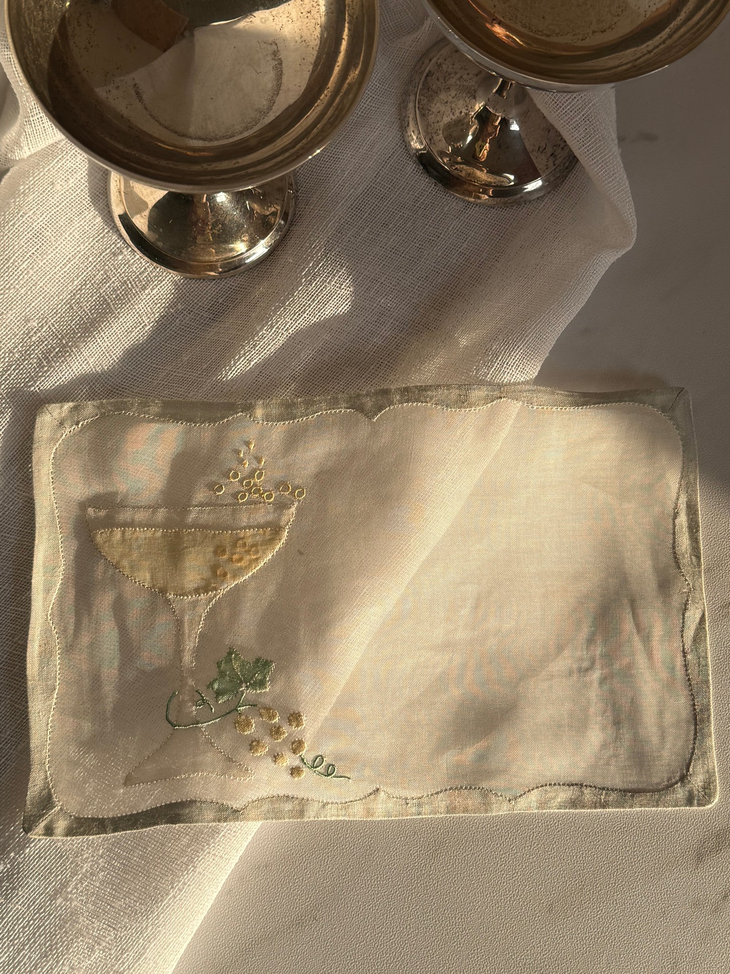 Set of 12 Antique Hand Embroidered Cocktail Napkins