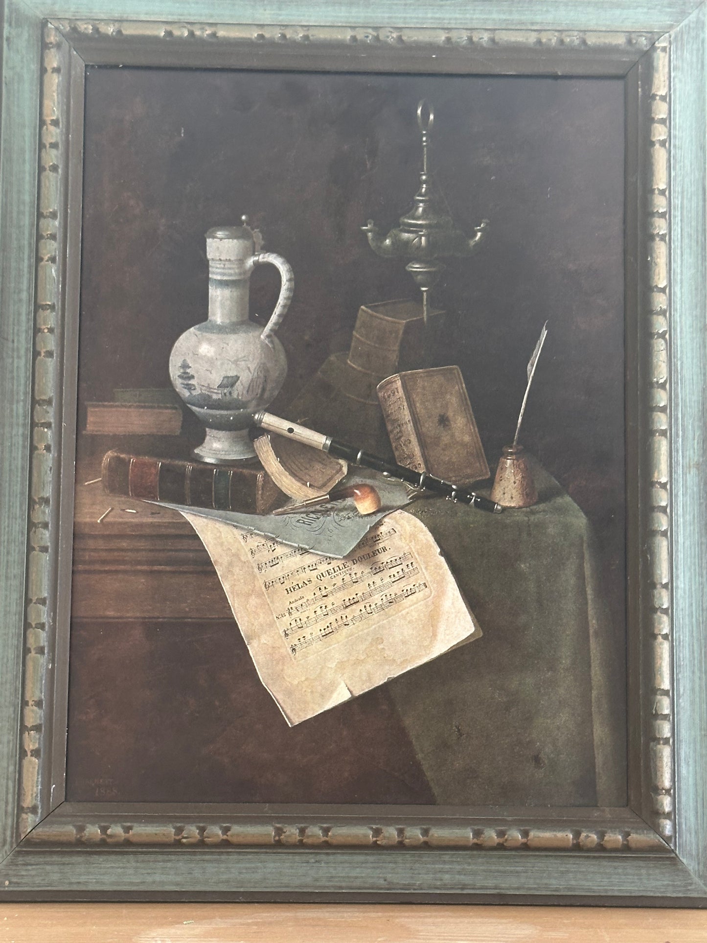 “My Gems” Print By William Michael Harnett in Teal Wood Frame