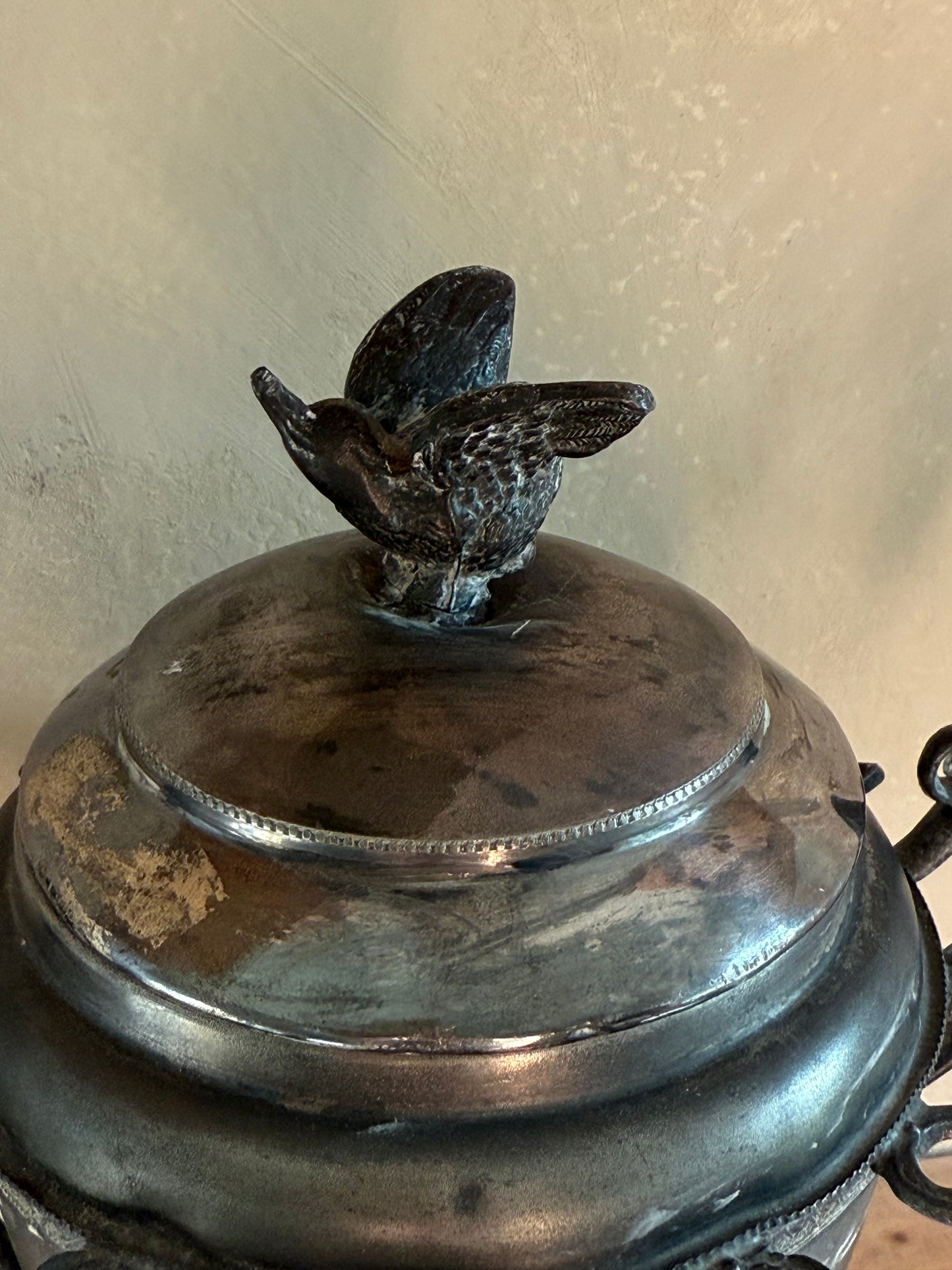 Antique Silver Plated Sugar Dish with a Bird & Bunnies
