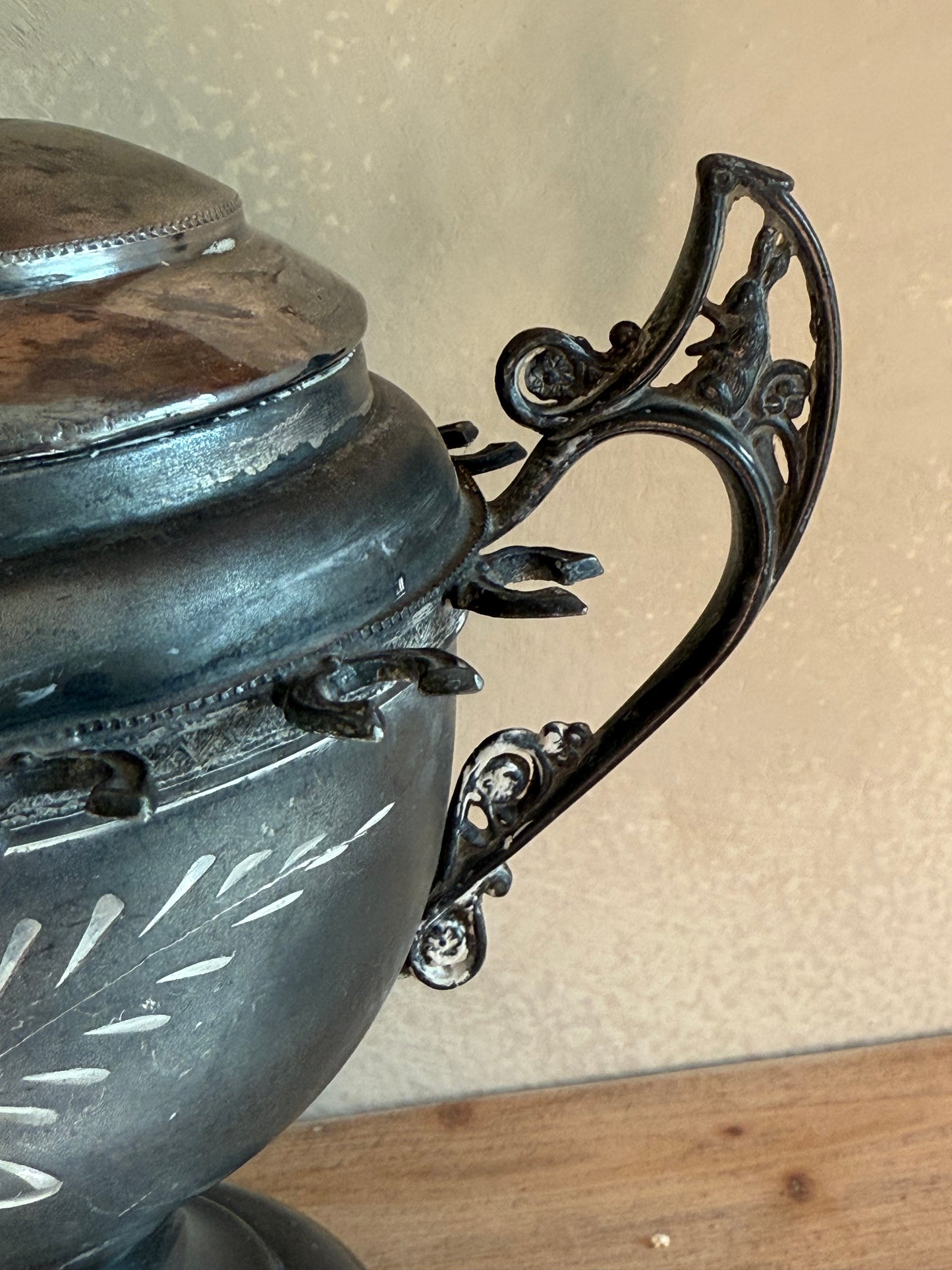 Antique Silver Plated Sugar Dish with a Bird & Bunnies