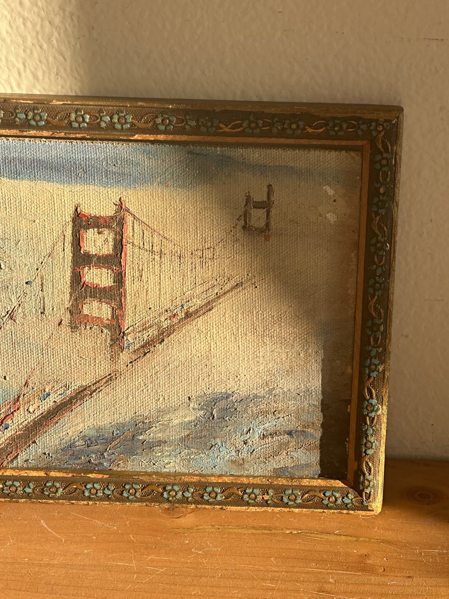 Golden Gate Bridge Painting on Board in Antique Blue Floral Frame
