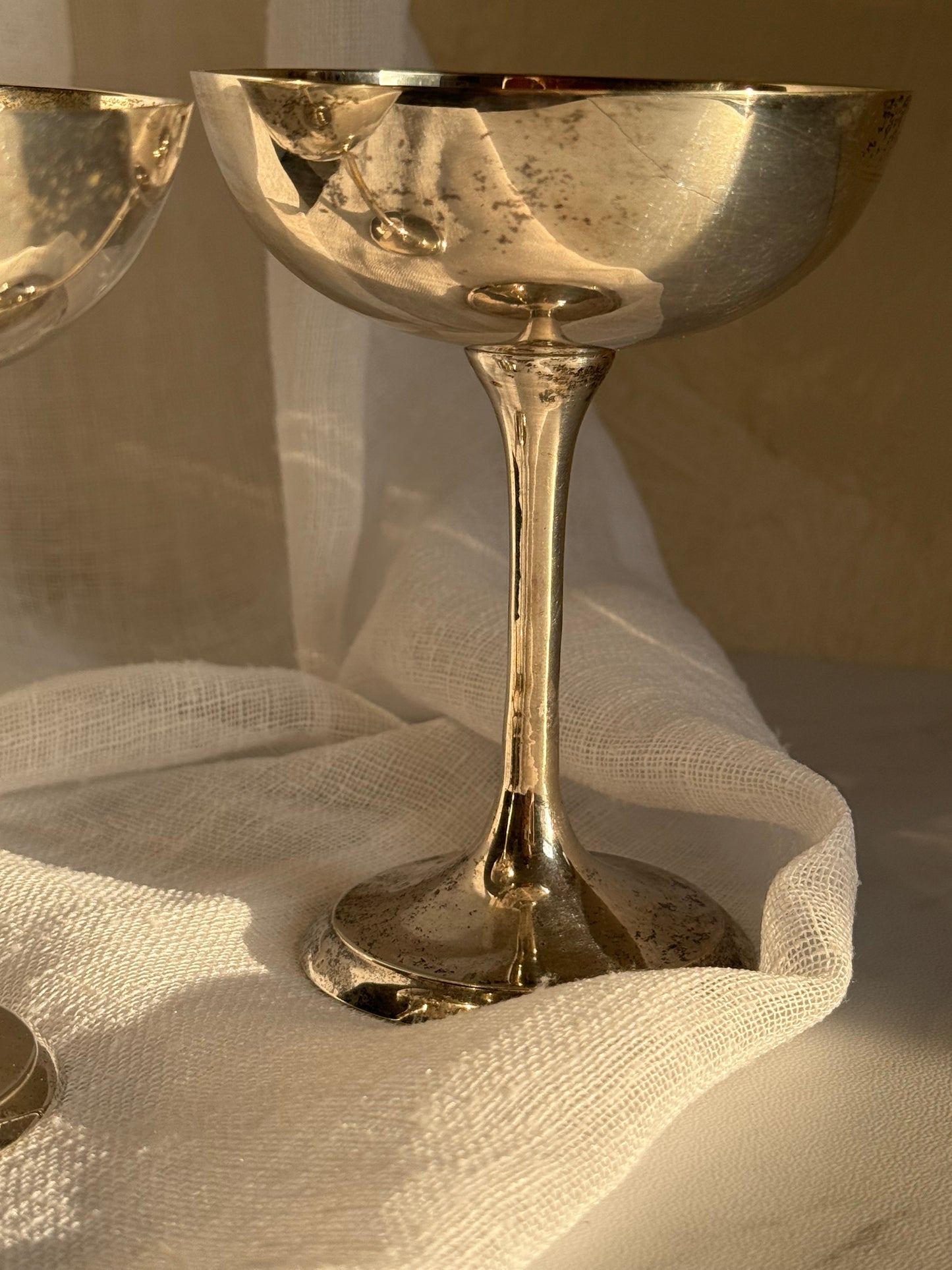 Set of 2 Antique Silver Champagne Coupe Glasses