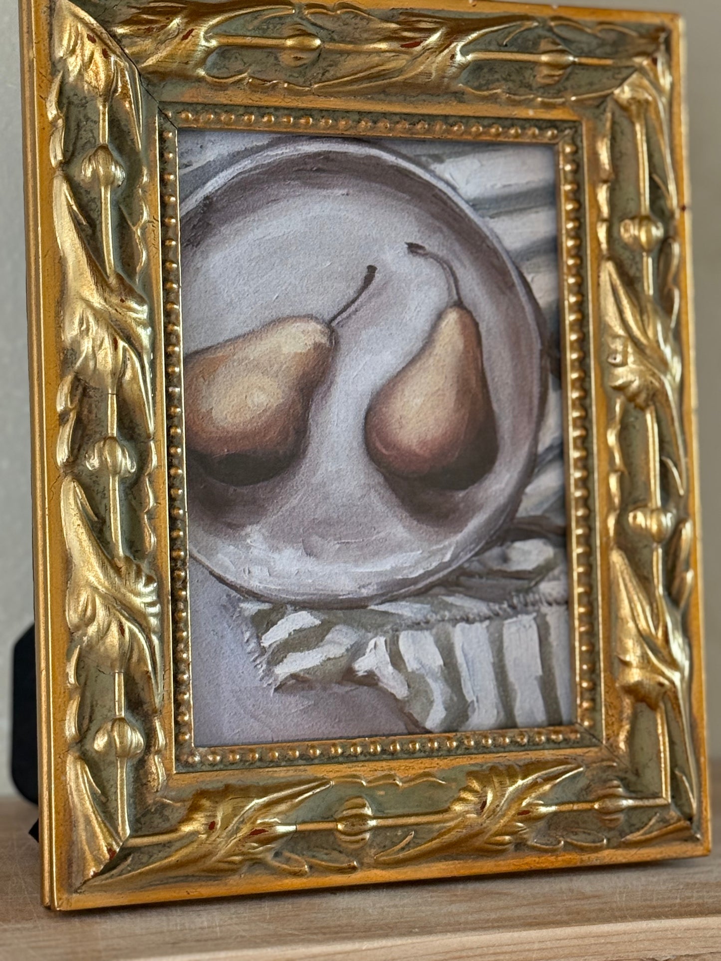 Green and Gold Ornate Frame with Pear Painting (print)