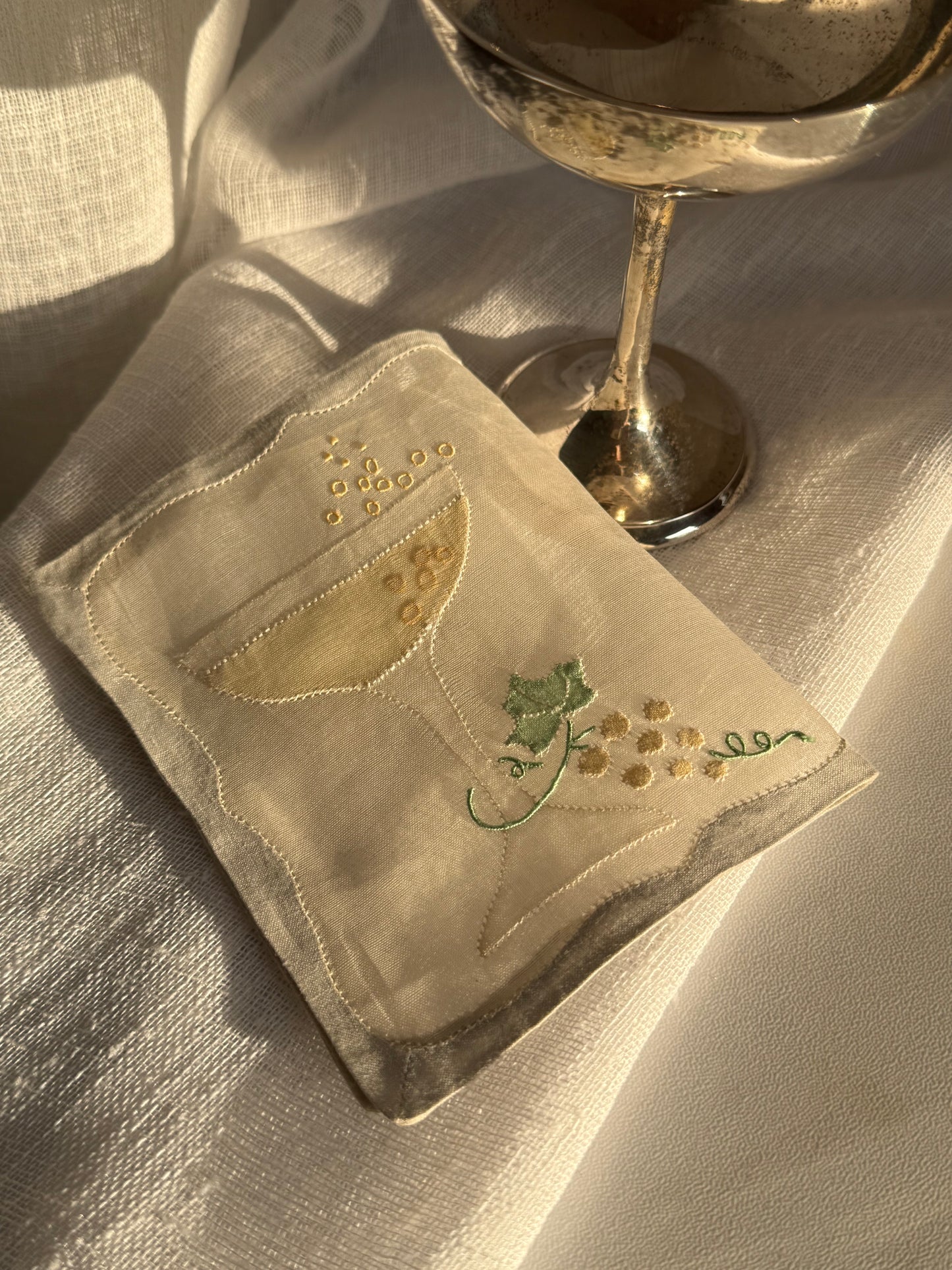 Set of 12 Antique Hand Embroidered Cocktail Napkins