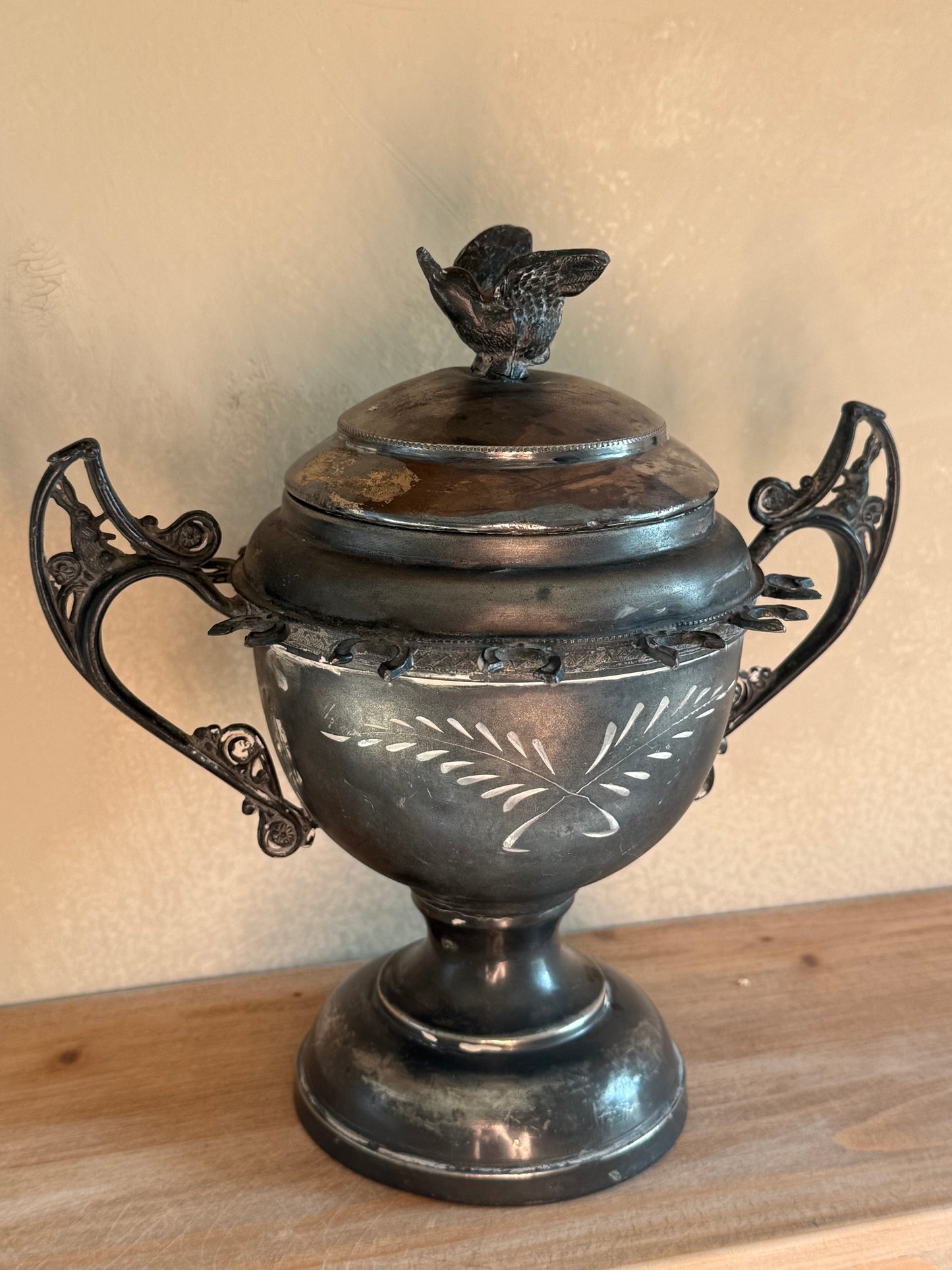 Antique Silver Plated Sugar Dish with a Bird & Bunnies
