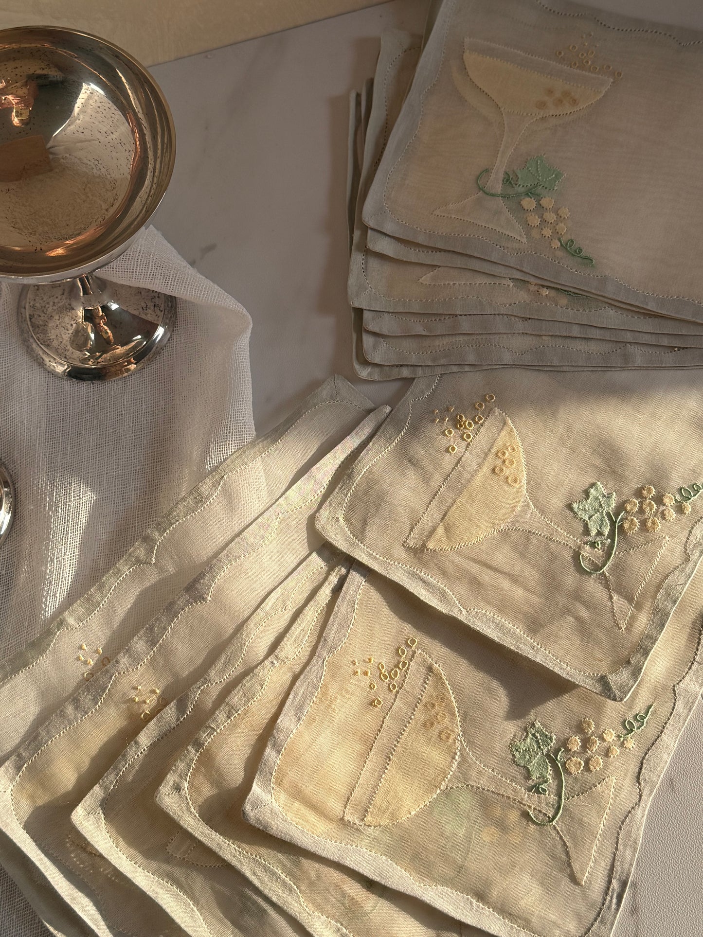 Set of 12 Antique Hand Embroidered Cocktail Napkins