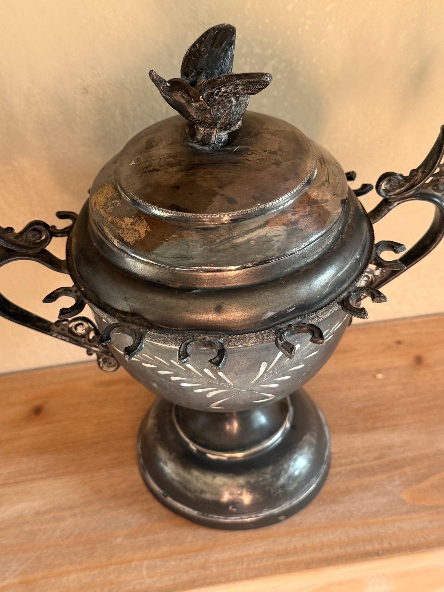 Antique Silver Plated Sugar Dish with a Bird & Bunnies