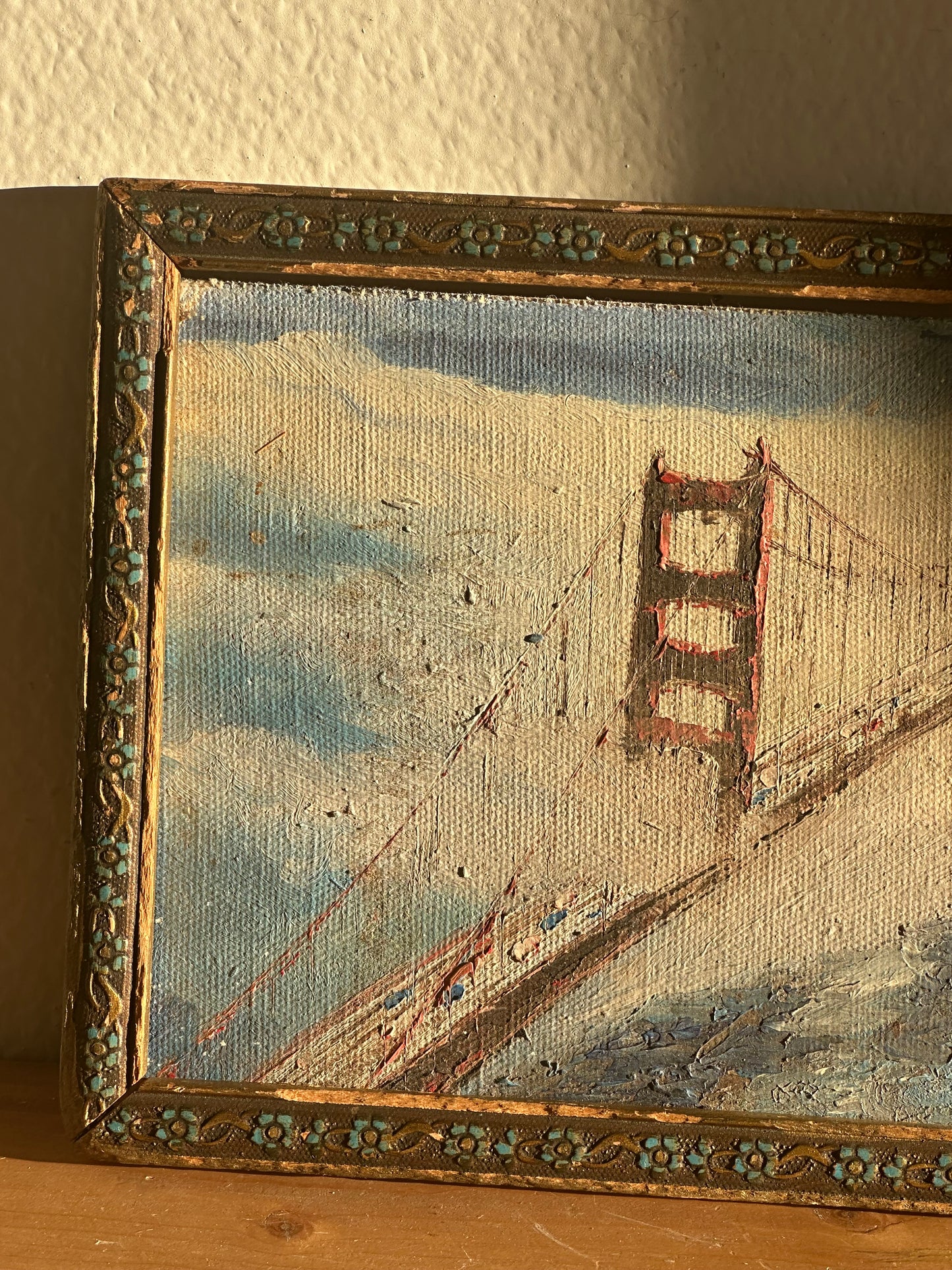 Golden Gate Bridge Painting on Board in Antique Blue Floral Frame