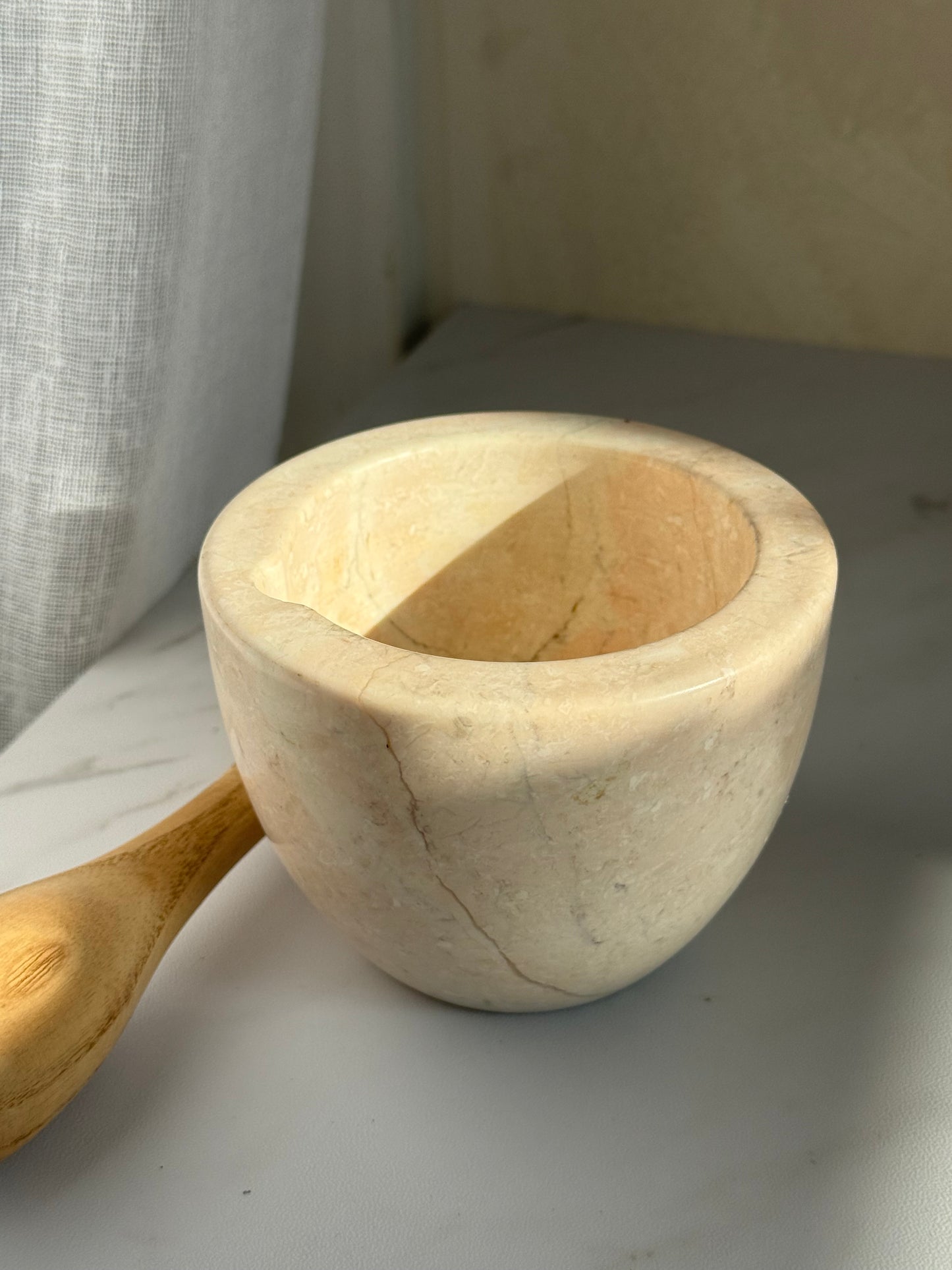 Travertine Mortar with Wood Pestle