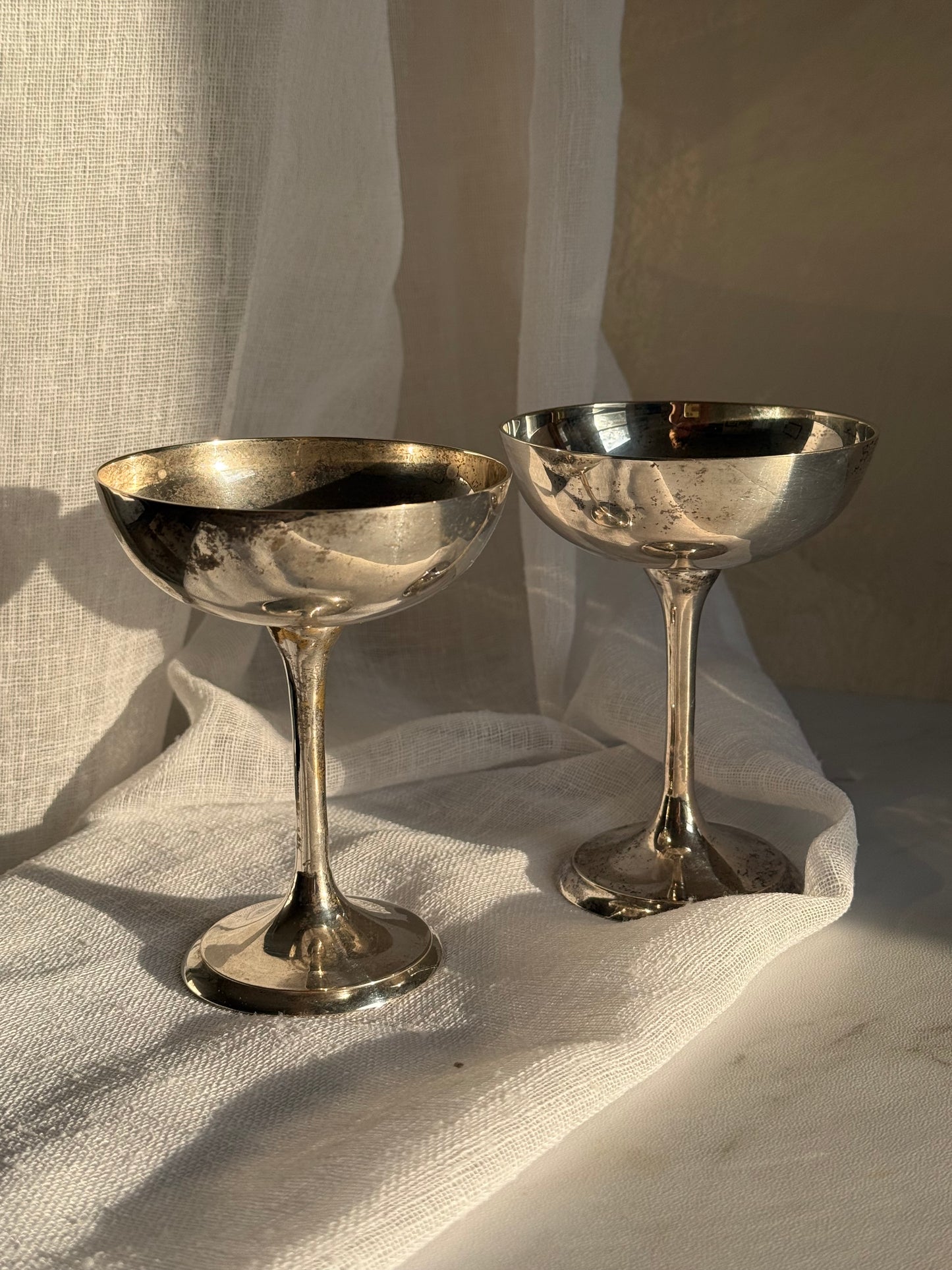Set of 2 Antique Silver Champagne Coupe Glasses