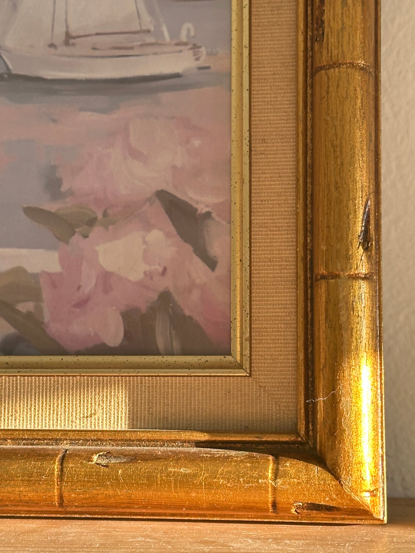 Vintage Wood Bamboo Style Frame with Sailboat Painting (print)