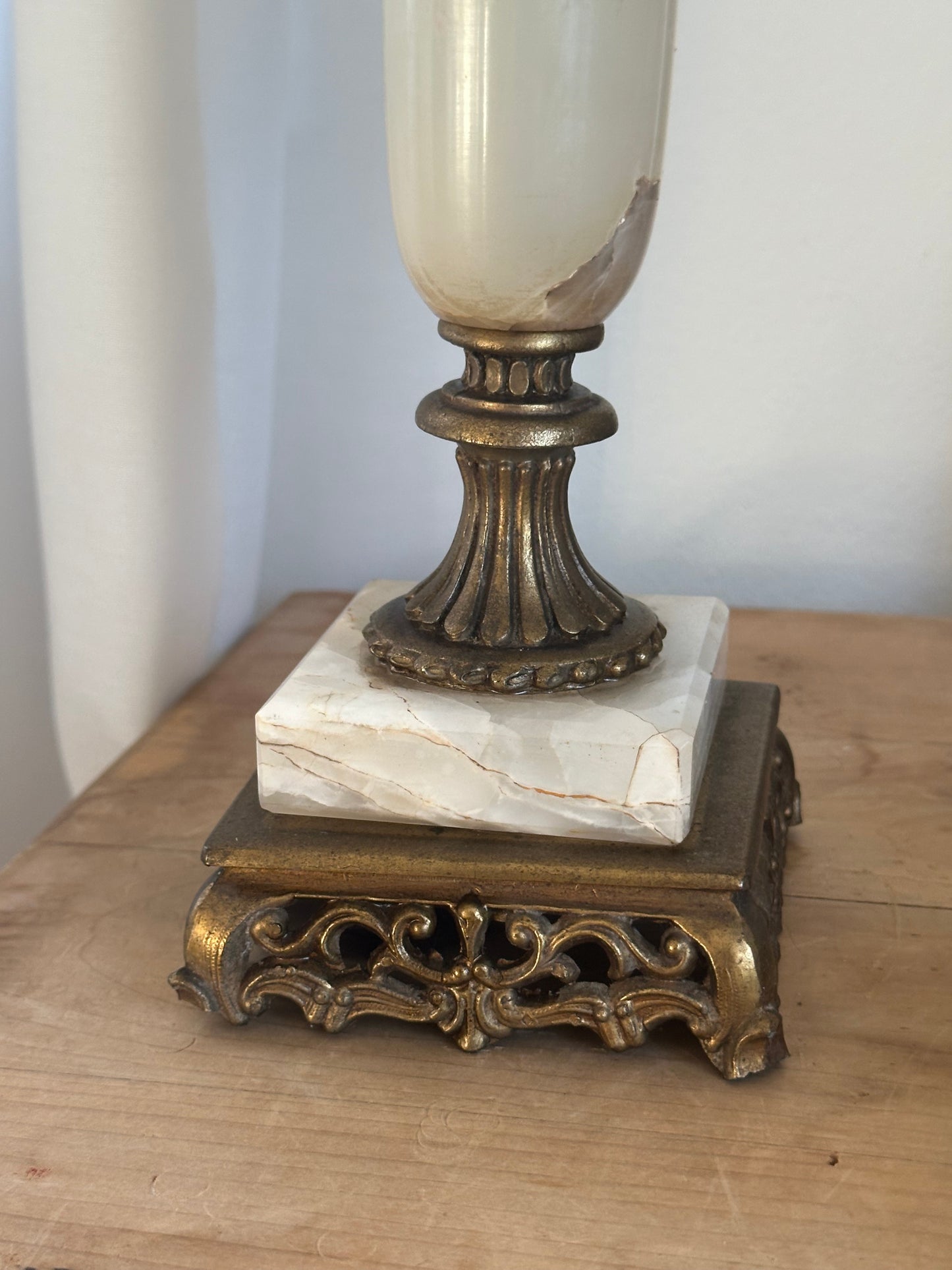 Antique Onyx and Brass Lamp Base with Cream Shade