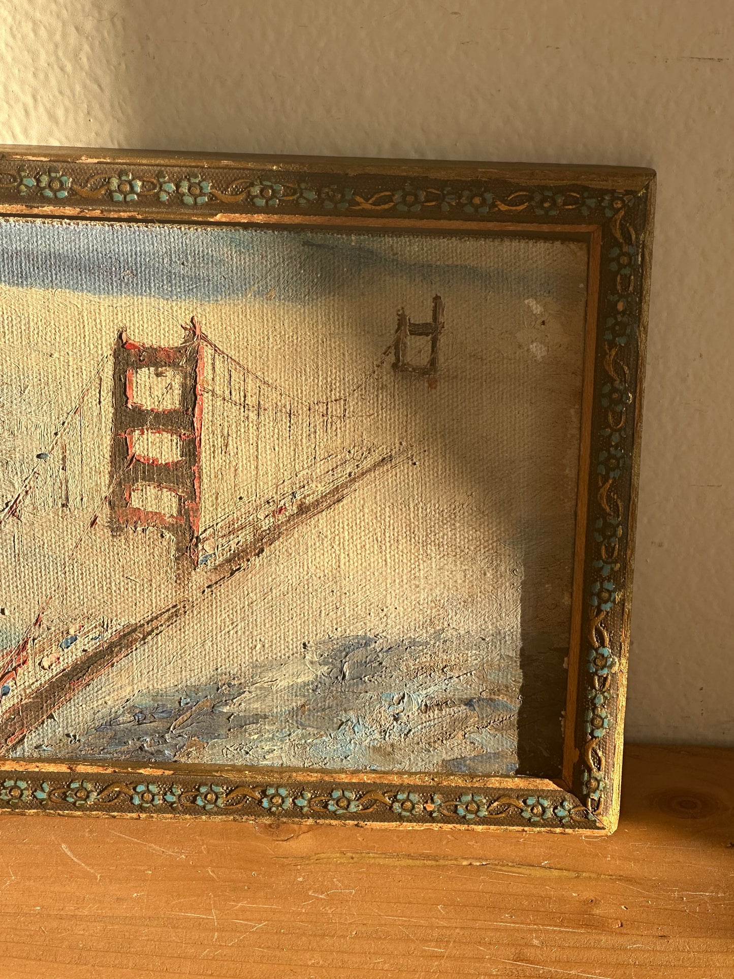 Golden Gate Bridge Painting on Board in Antique Blue Floral Frame