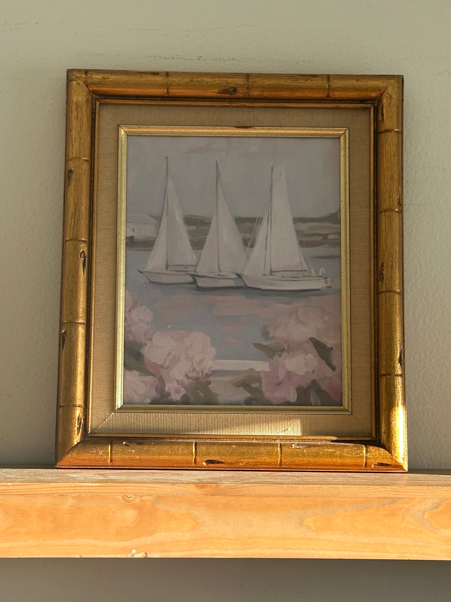 Vintage Wood Bamboo Style Frame with Sailboat Painting (print)