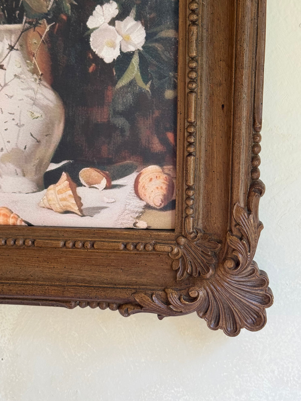 Vintage faux wood Frame with Floral Artwork (reprint of painting)