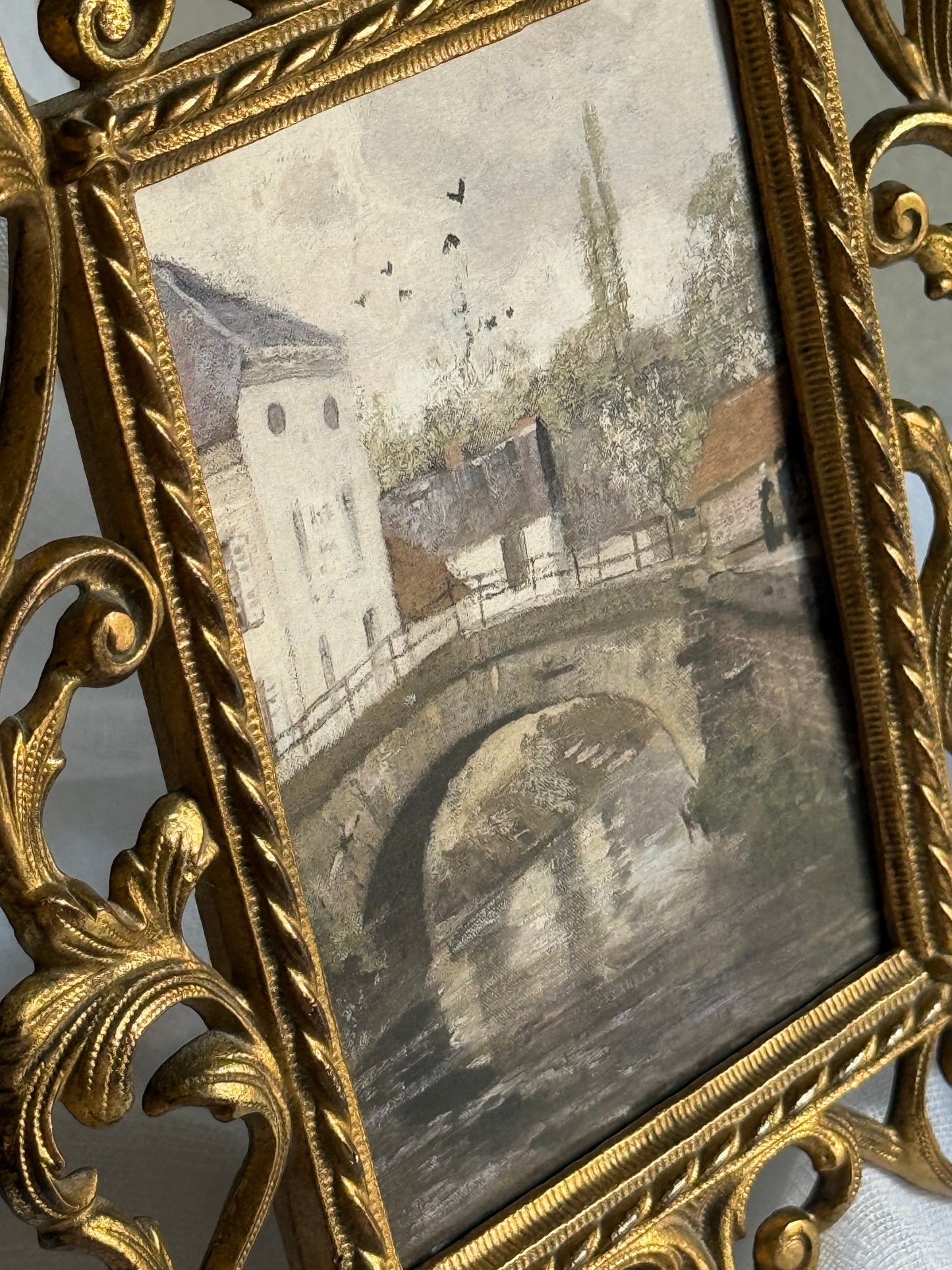 Antique Brass Frame with European City Painting (print)