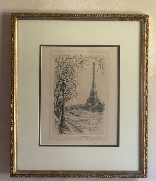 Eiffel Tower Etching in Antique Gold Frame