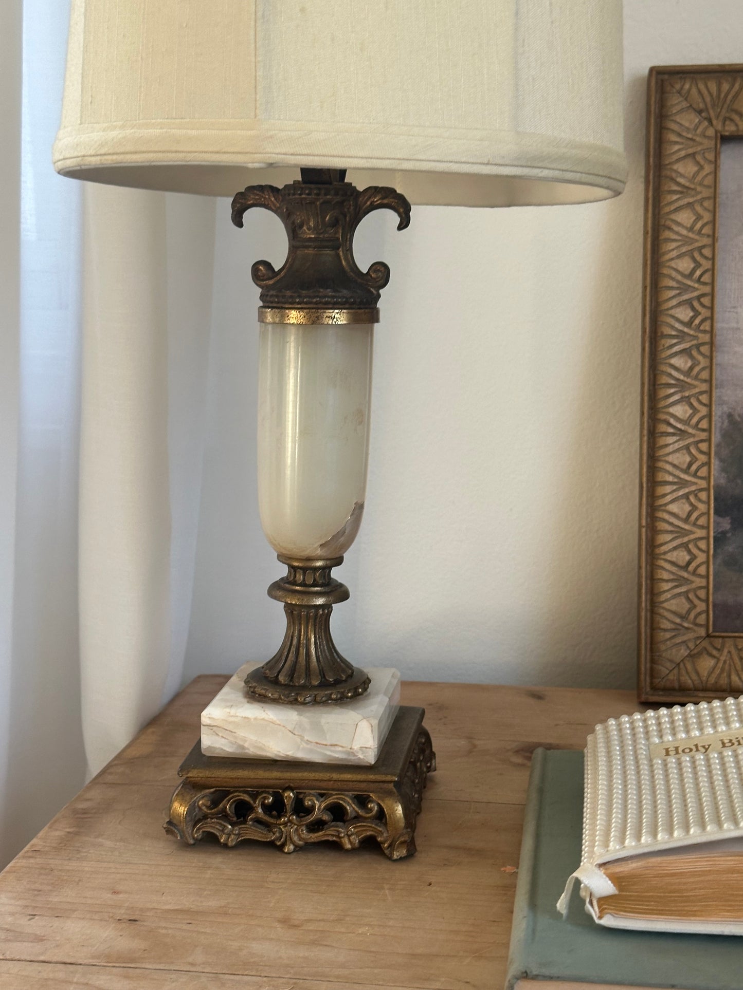 Antique Onyx and Brass Lamp Base with Cream Shade