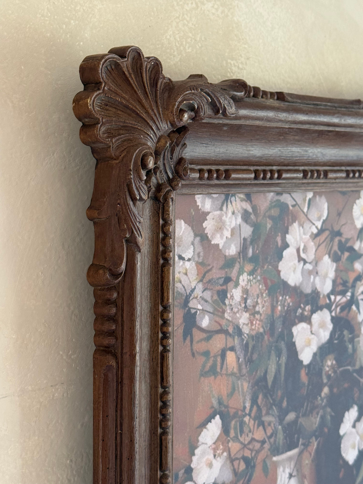 Vintage faux wood Frame with Floral Artwork (reprint of painting)