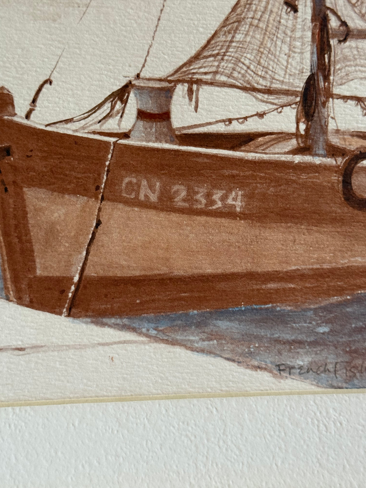Hand Drawn French Sailboat Art in Rustic Frame (no glass)