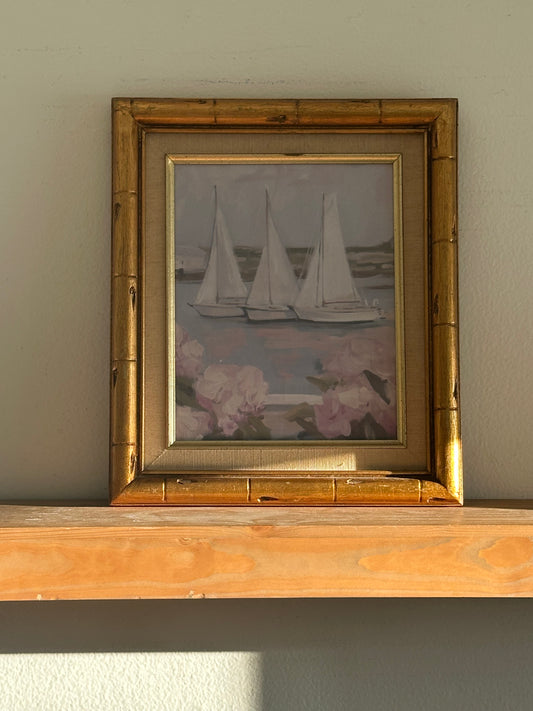 Vintage Wood Bamboo Style Frame with Sailboat Painting (print)