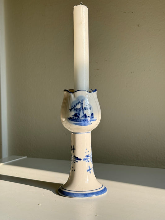 White & Blue Porcelain Windmill Candle Holder from Holland