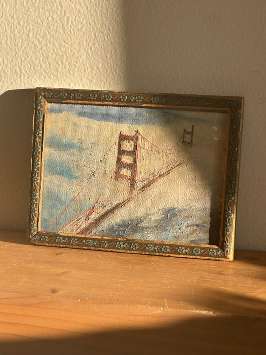 Golden Gate Bridge Painting on Board in Antique Blue Floral Frame