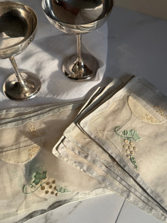 Set of 12 Antique Hand Embroidered Cocktail Napkins