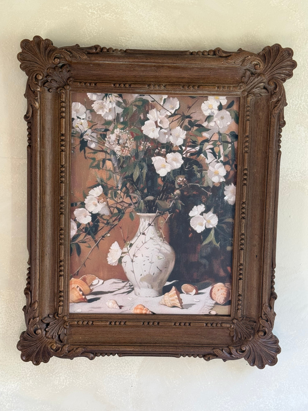 Vintage faux wood Frame with Floral Artwork (reprint of painting)