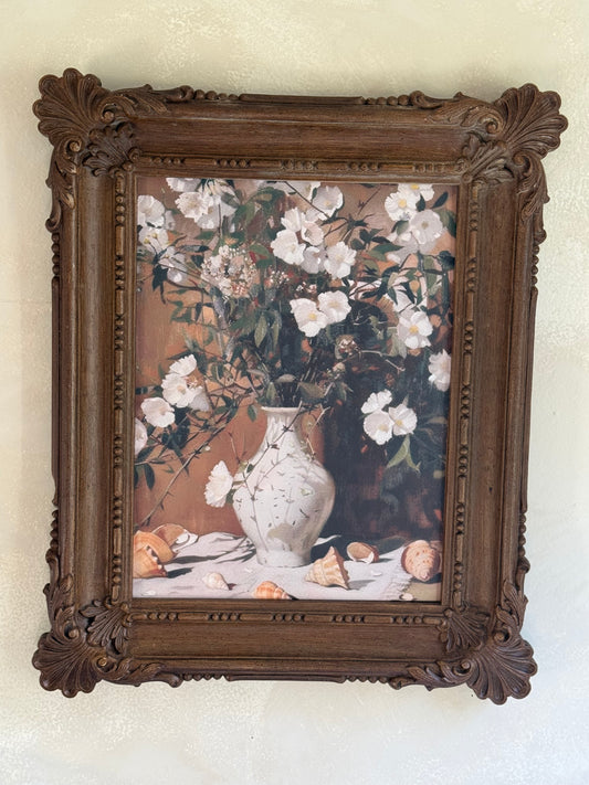 Vintage faux wood Frame with Floral Artwork (reprint of painting)