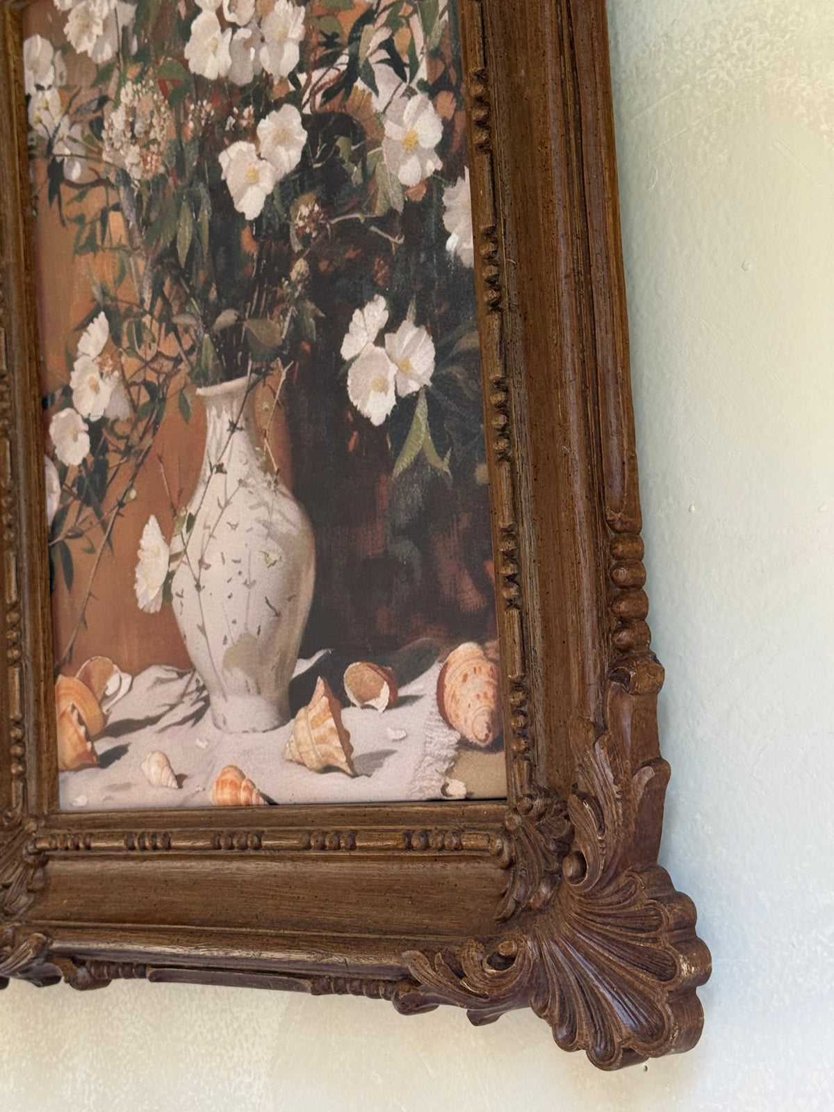 Vintage faux wood Frame with Floral Artwork (reprint of painting)