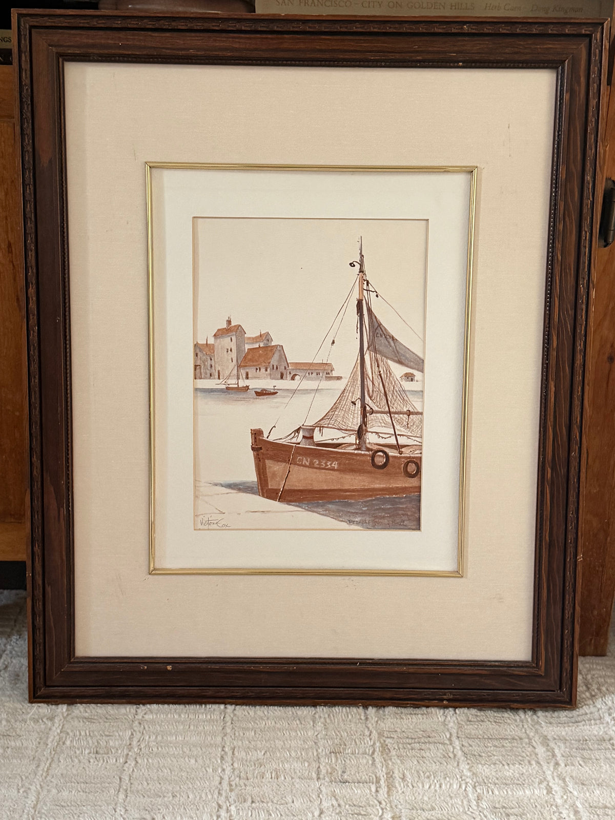 Hand Drawn French Sailboat Art in Rustic Frame (no glass)