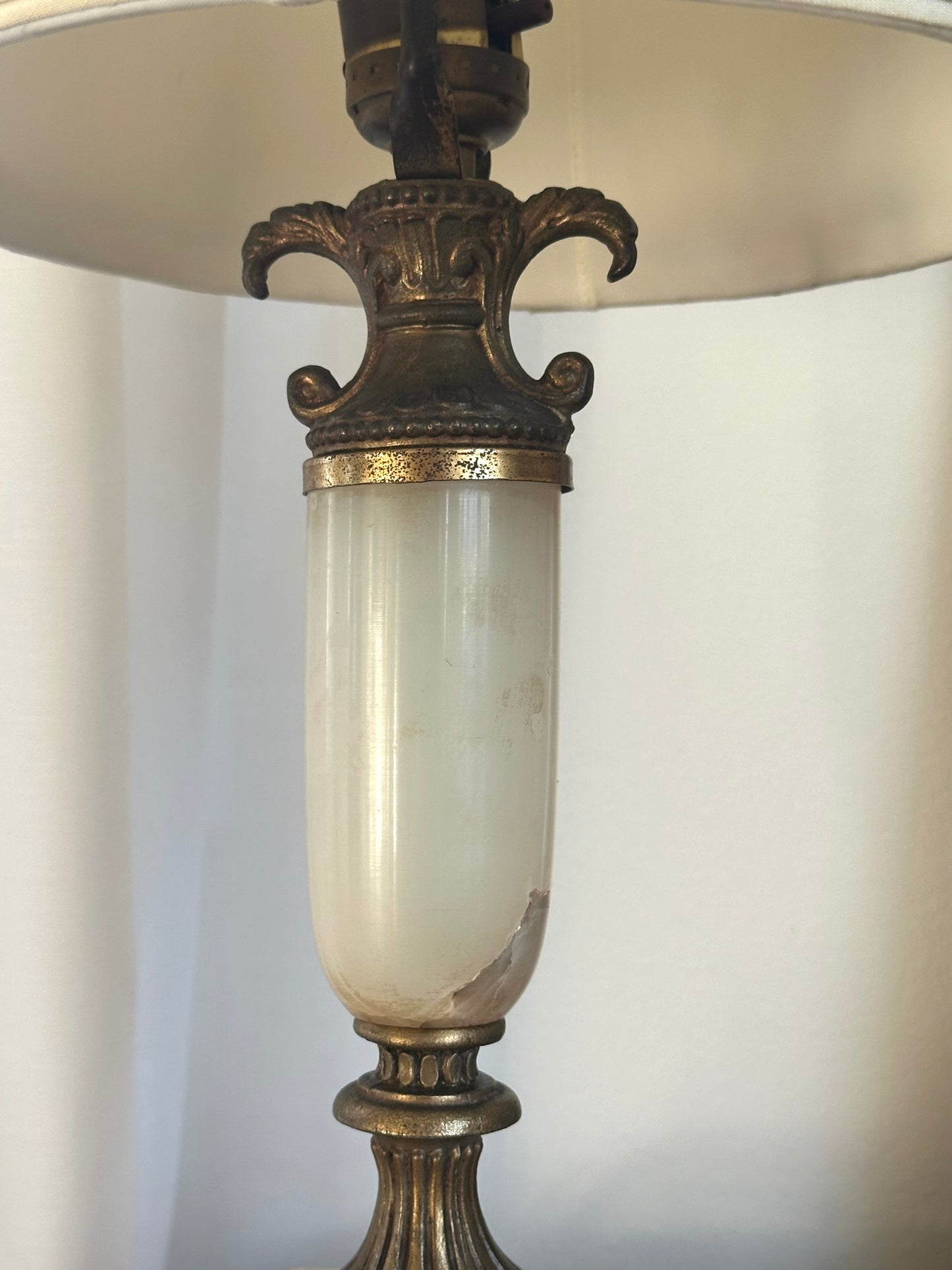 Antique Onyx and Brass Lamp Base with Cream Shade