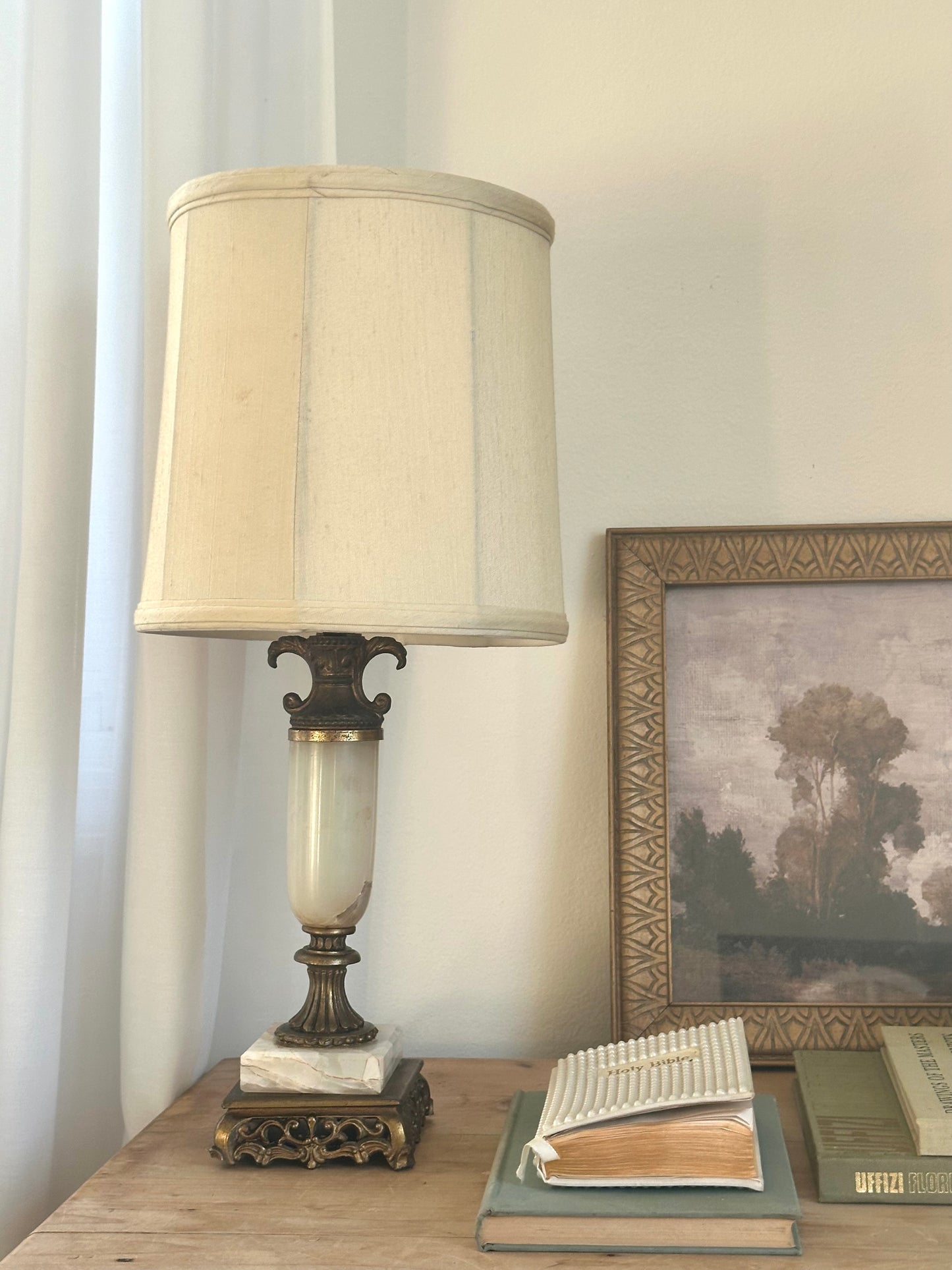 Antique Onyx and Brass Lamp Base with Cream Shade
