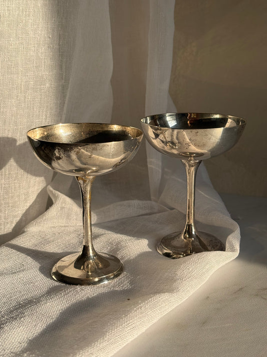 Set of 2 Antique Silver Champagne Coupe Glasses