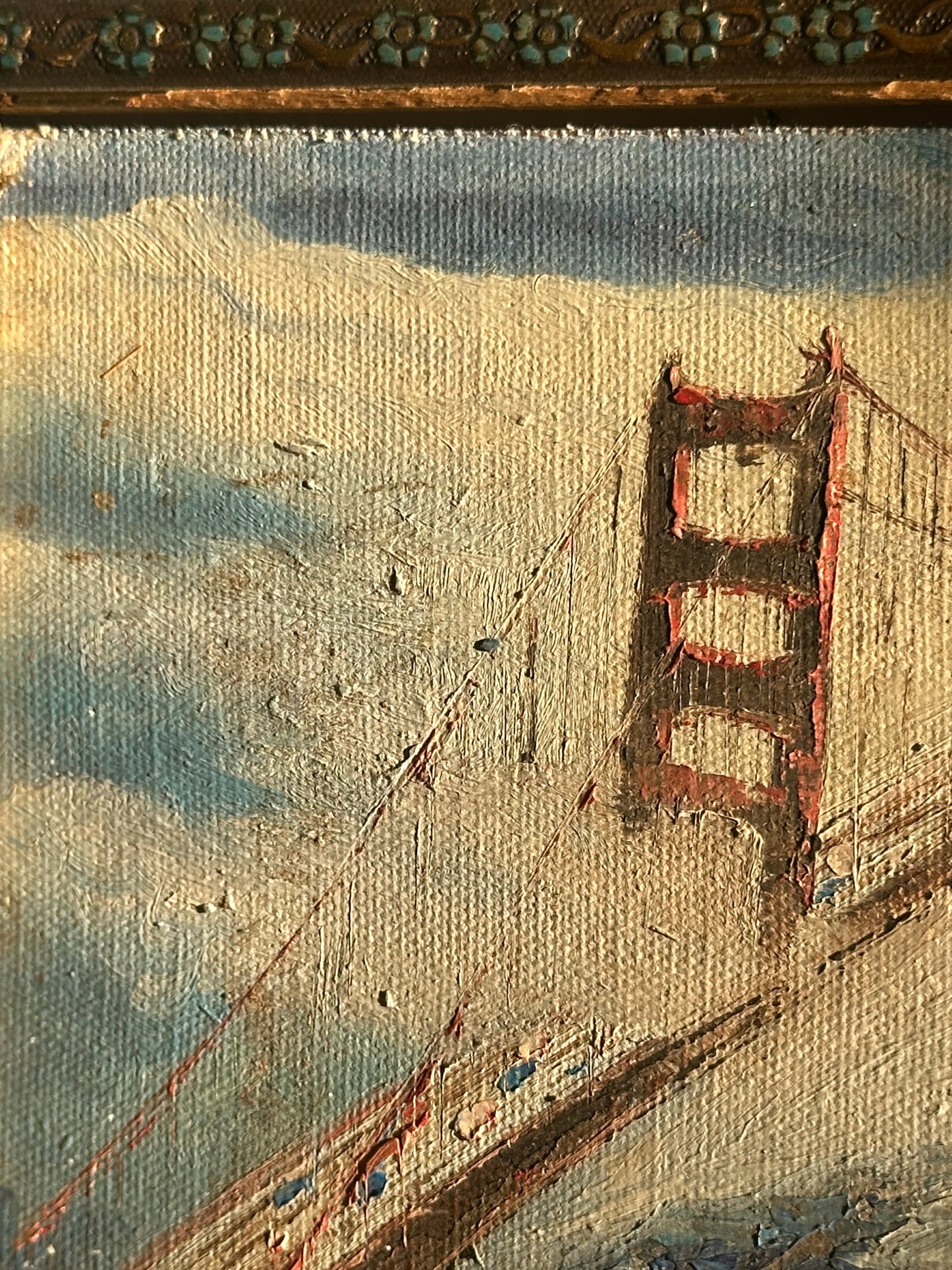 Golden Gate Bridge Painting on Board in Antique Blue Floral Frame