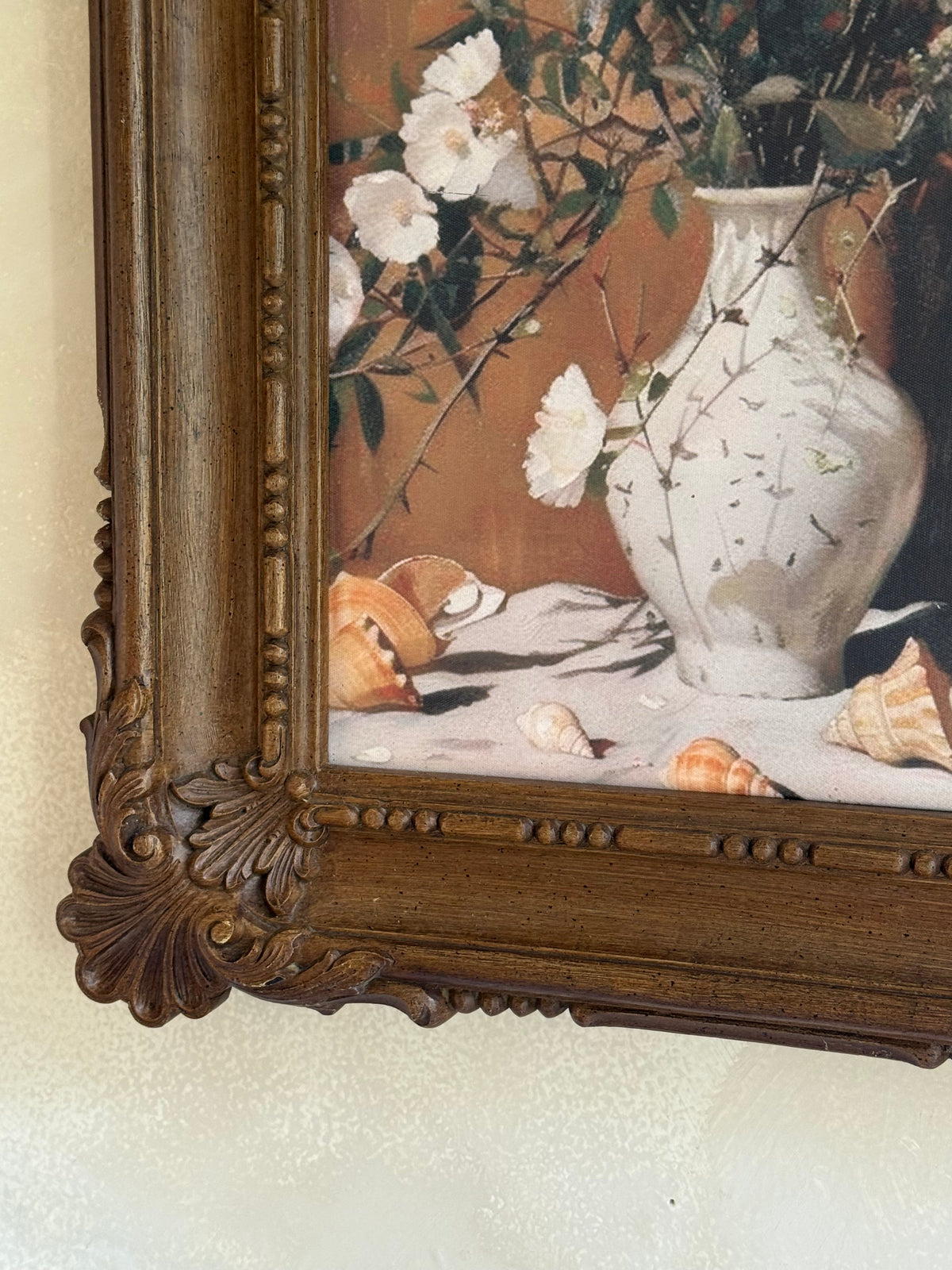 Vintage faux wood Frame with Floral Artwork (reprint of painting)