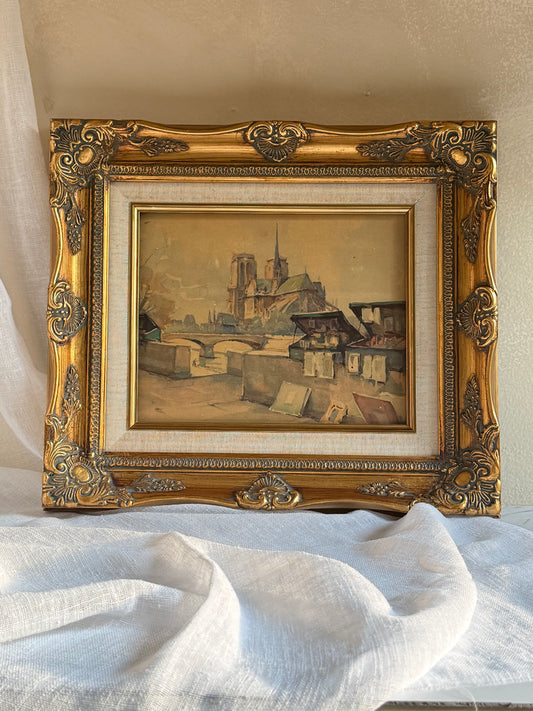 Vintage Ornate Gold Frame with Vintage Watercolor Painting of Notre Dame in Paris