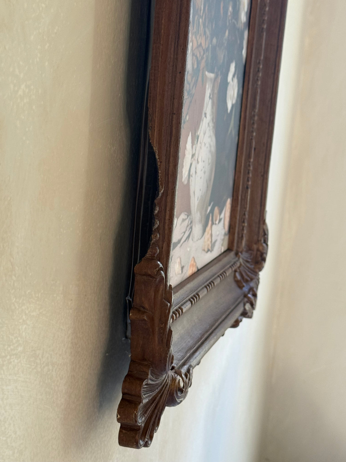 Vintage faux wood Frame with Floral Artwork (reprint of painting)