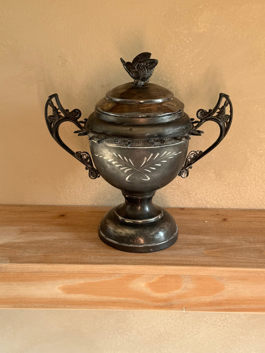 Antique Silver Plated Sugar Dish with a Bird & Bunnies