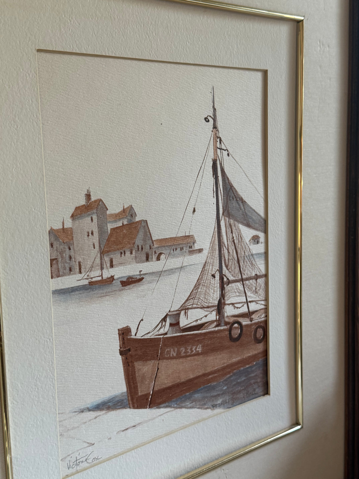 Hand Drawn French Sailboat Art in Rustic Frame (no glass)